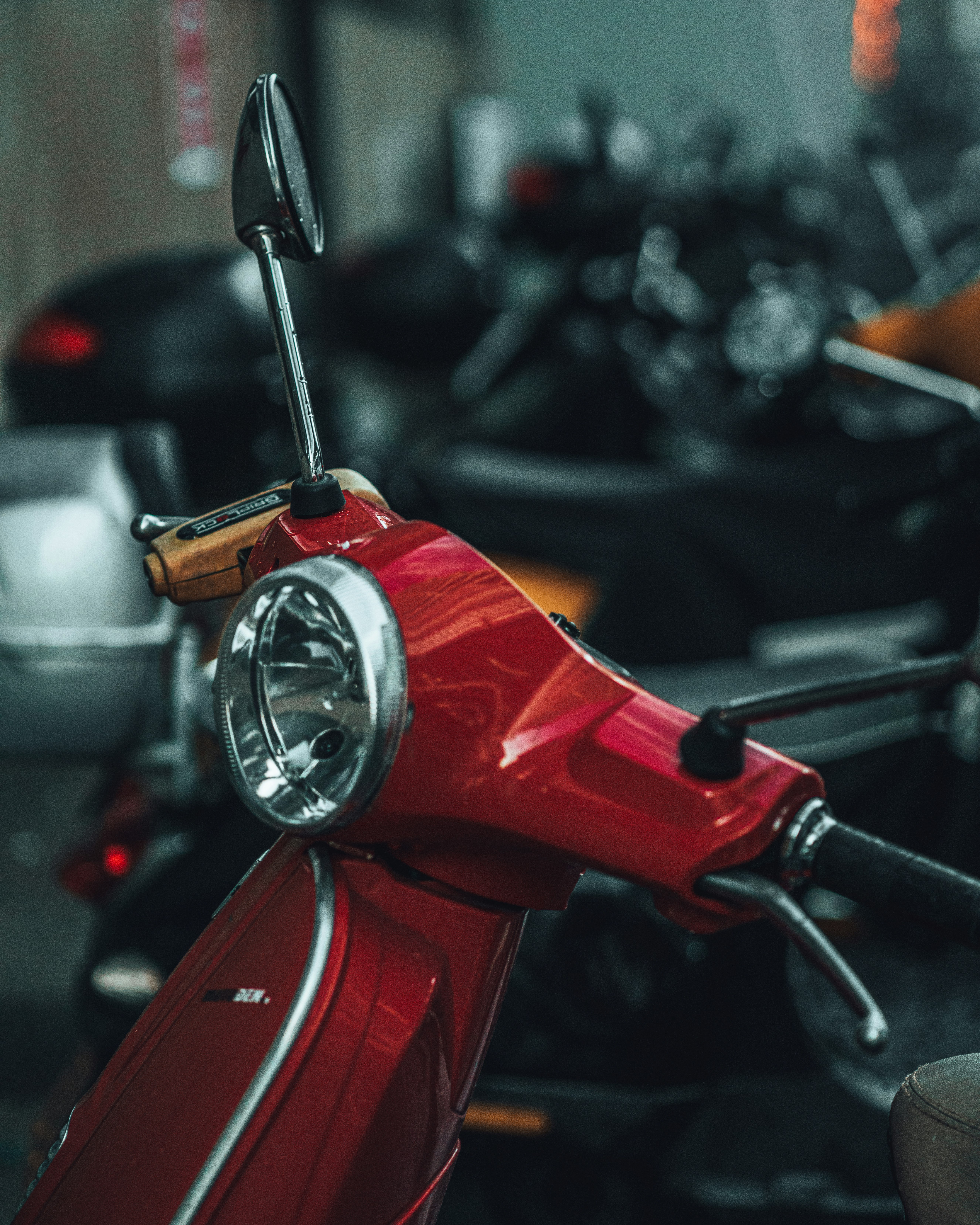 red motorcycle in tilt shift lens